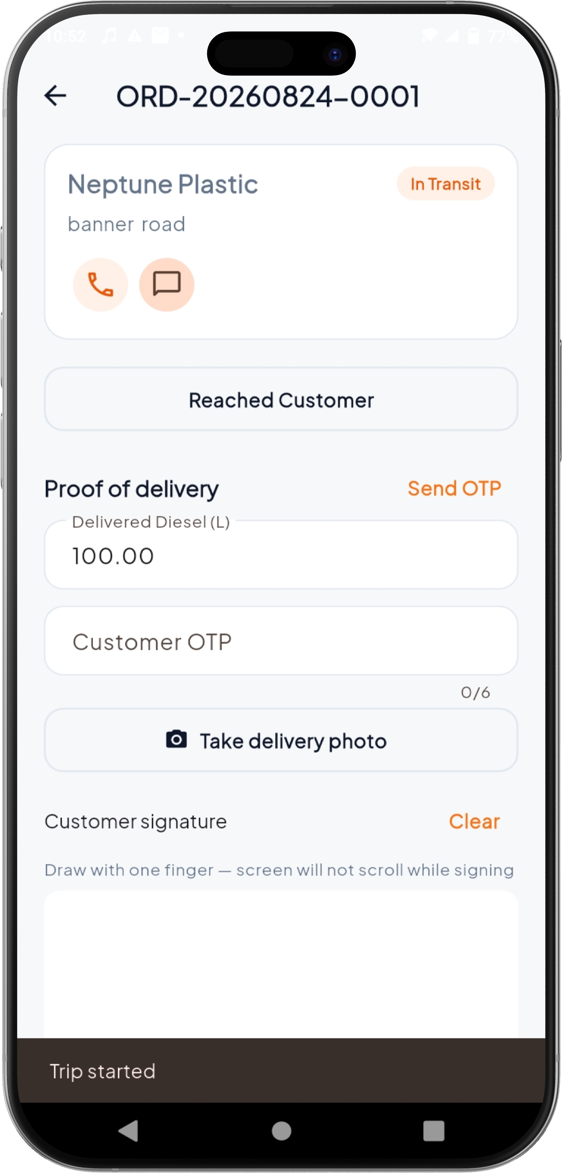 Driver app proof of delivery with OTP and photo