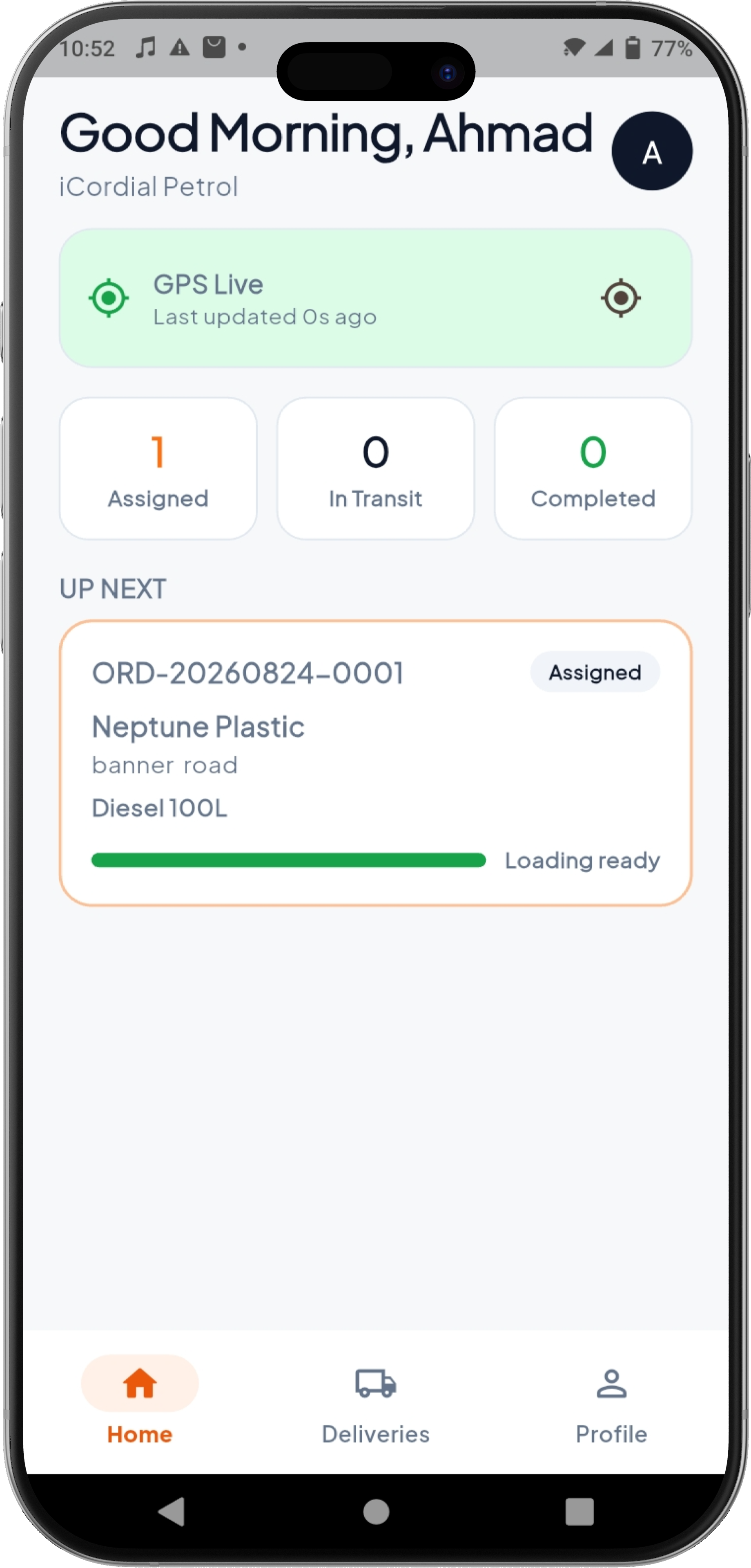 Driver app home with GPS live and next assigned drop