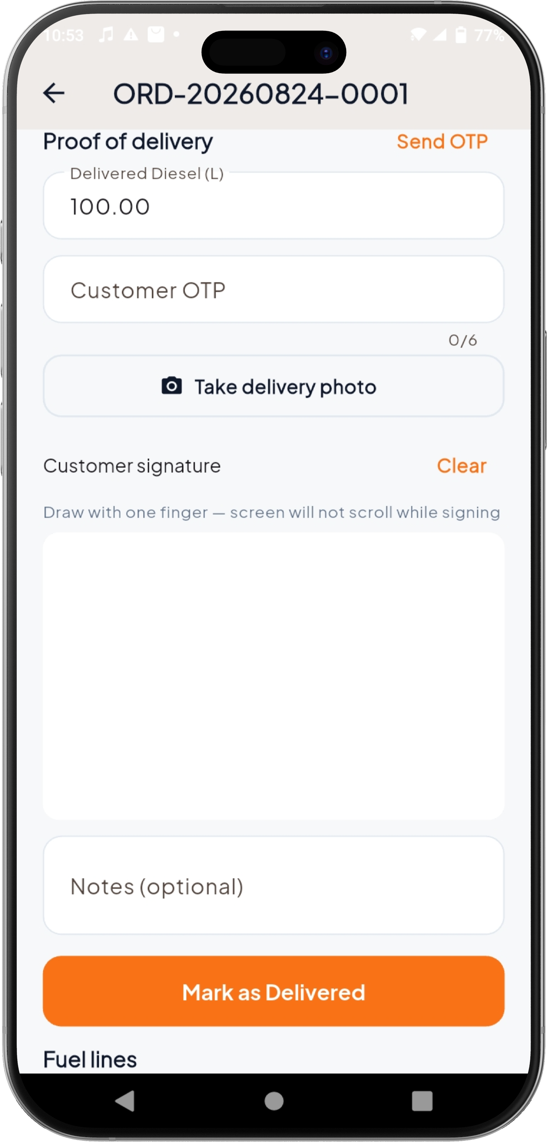 Driver app mark as delivered with customer signature
