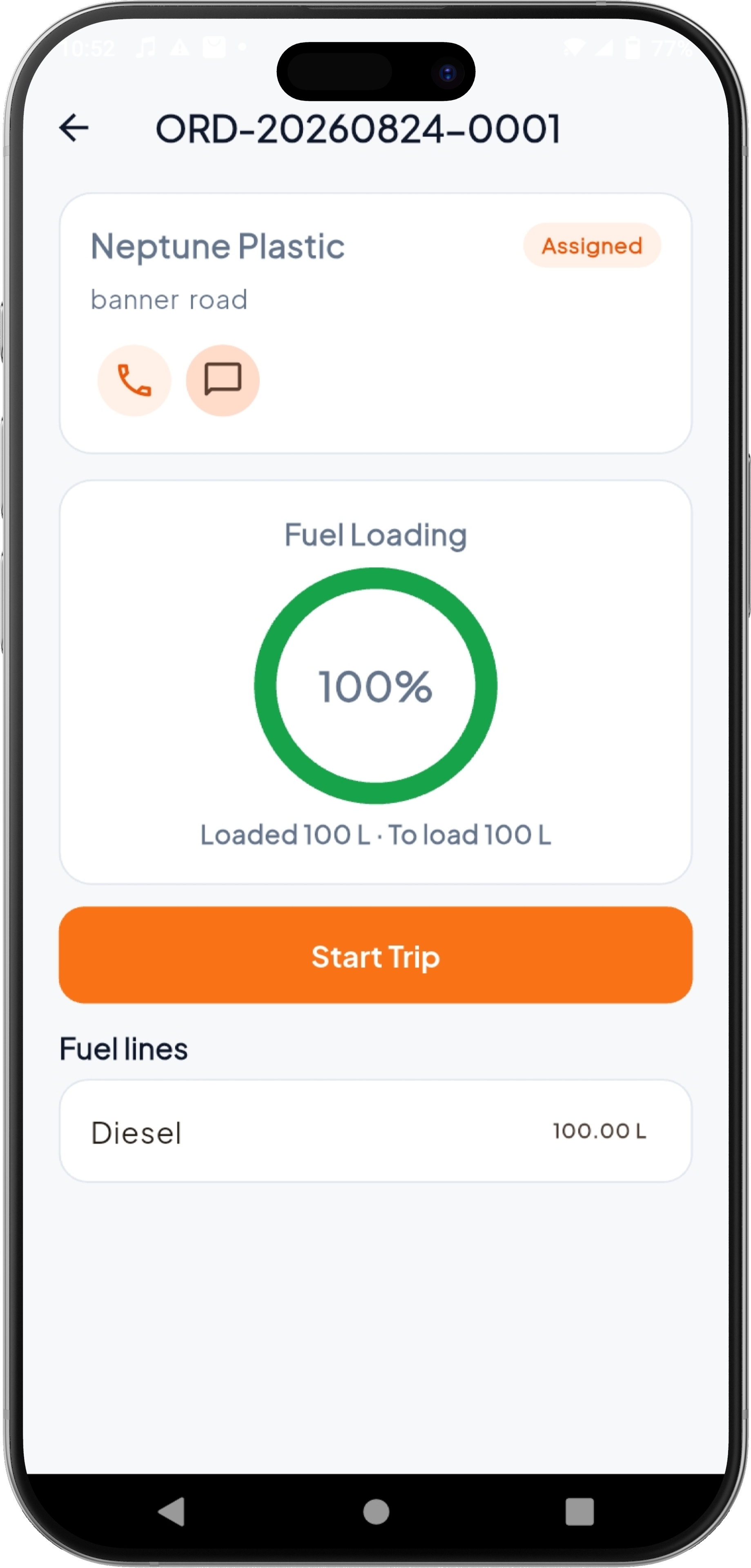 Driver app fuel loading at 100 percent with Start Trip