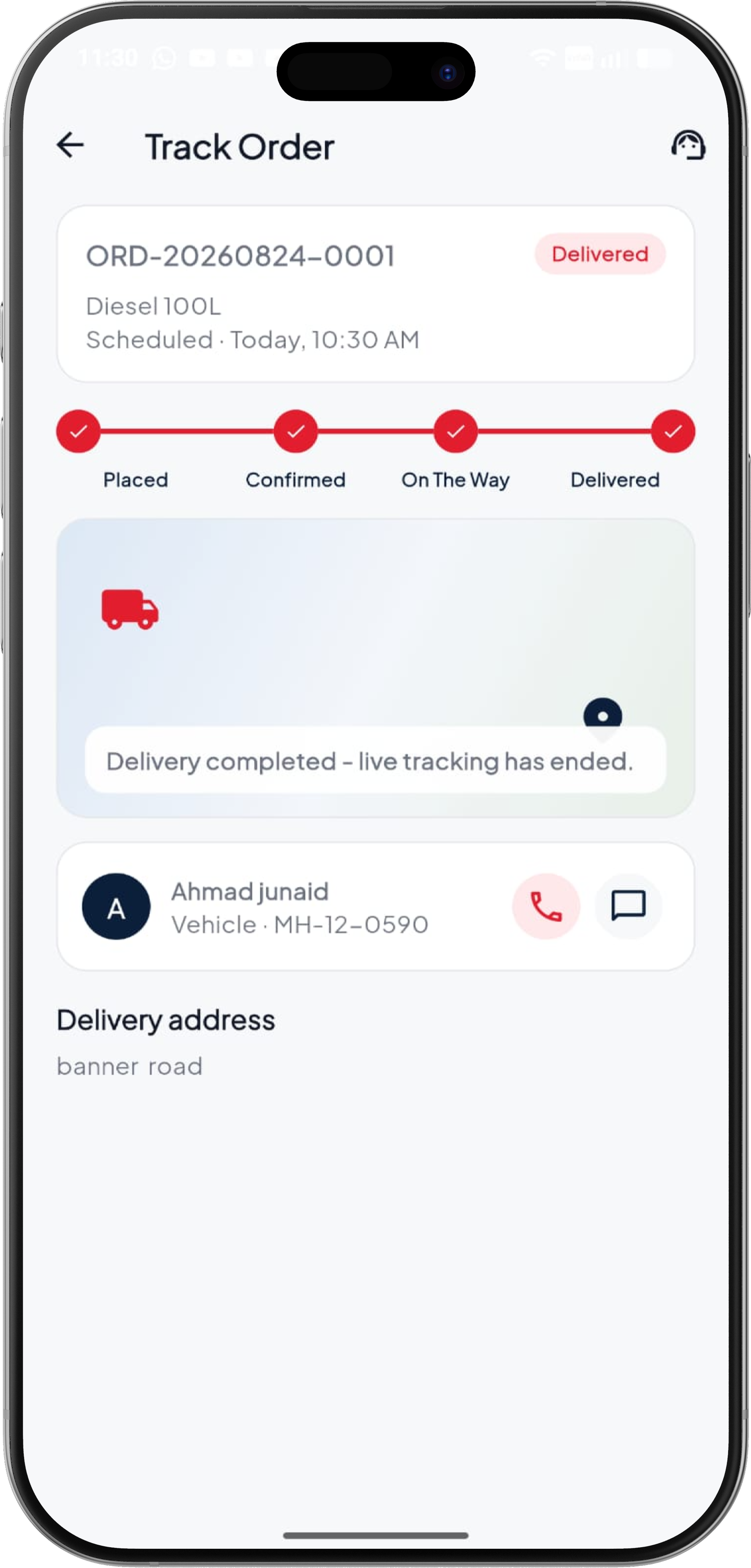 Customer app order tracking showing delivered status