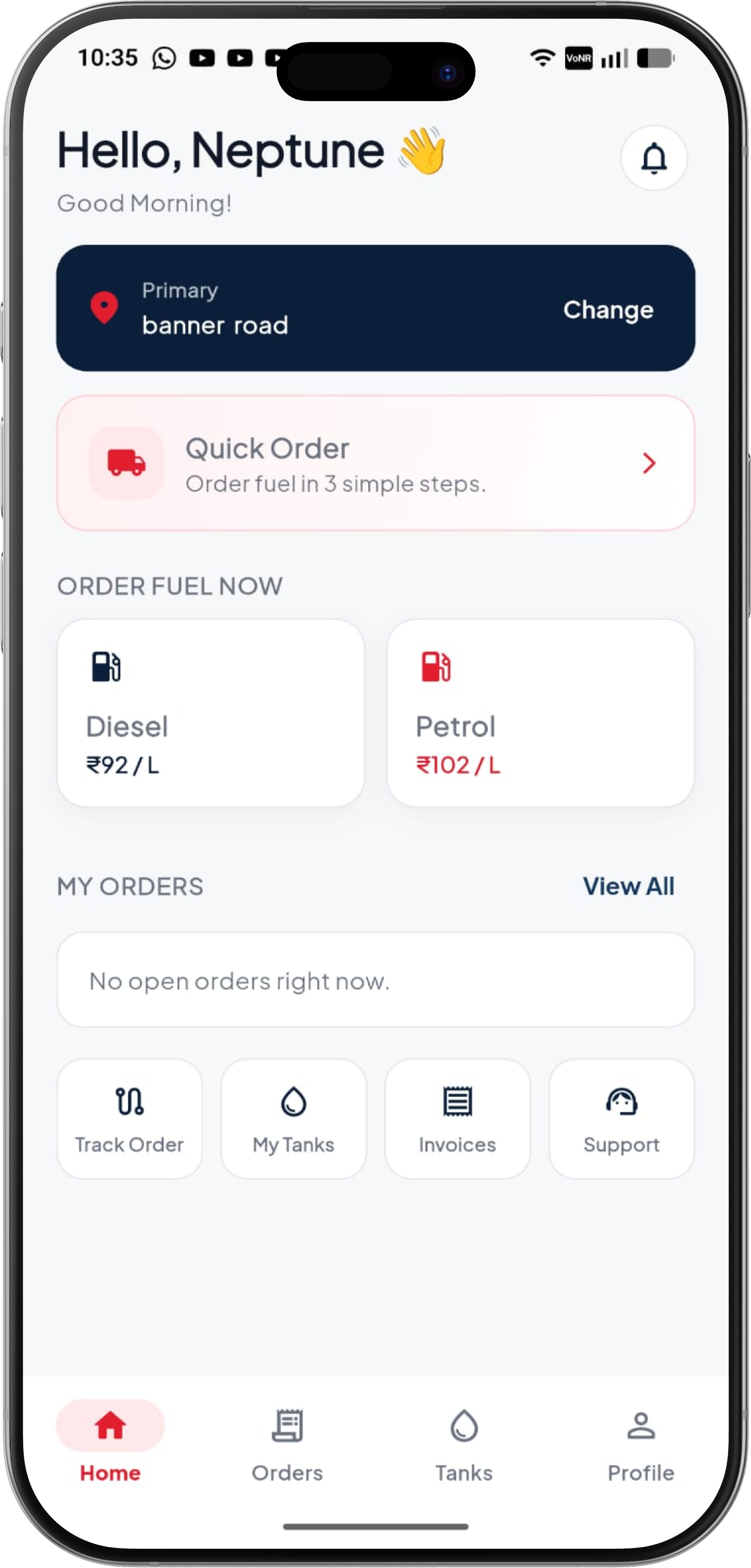 Customer app home with live fuel prices and quick order