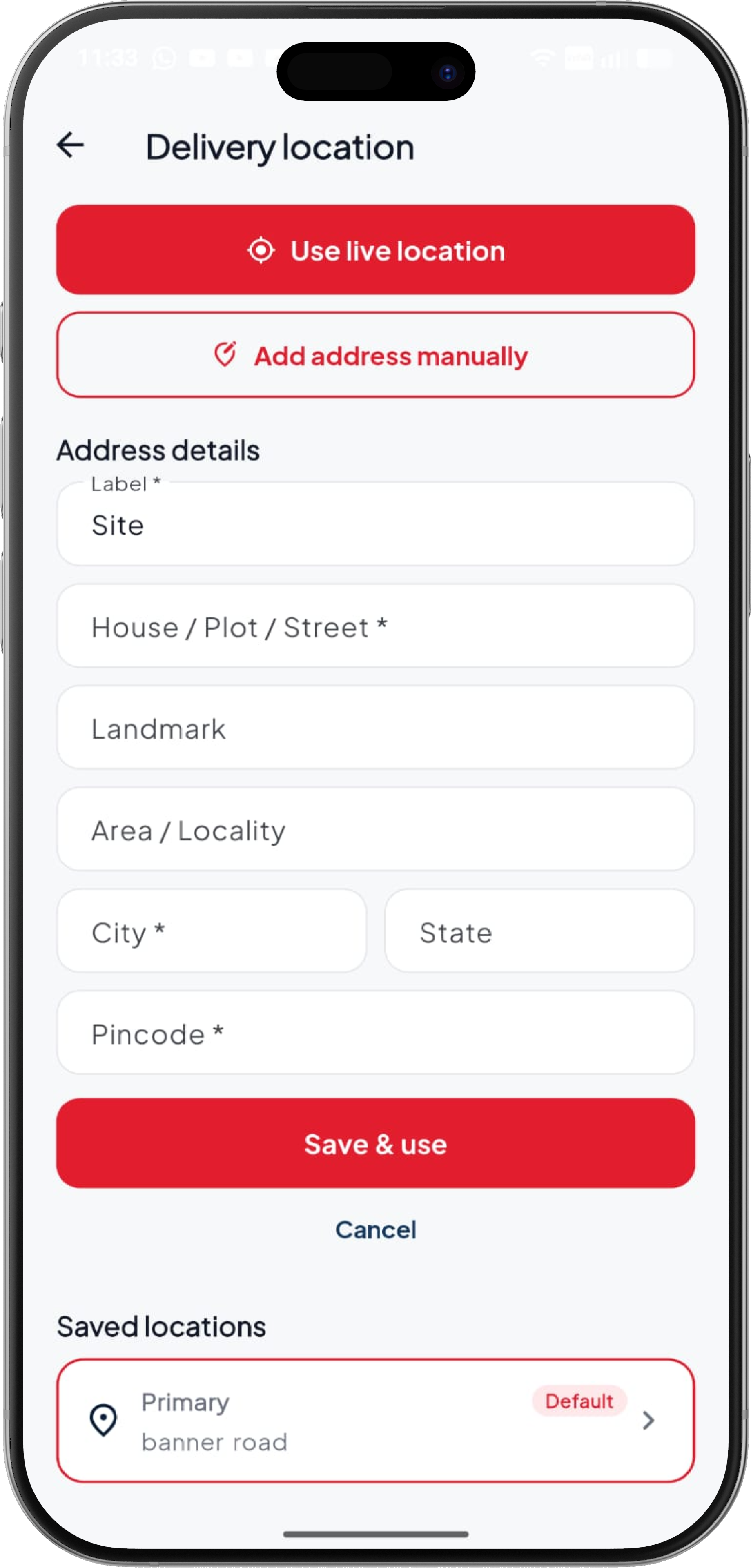 Customer app delivery location and saved sites